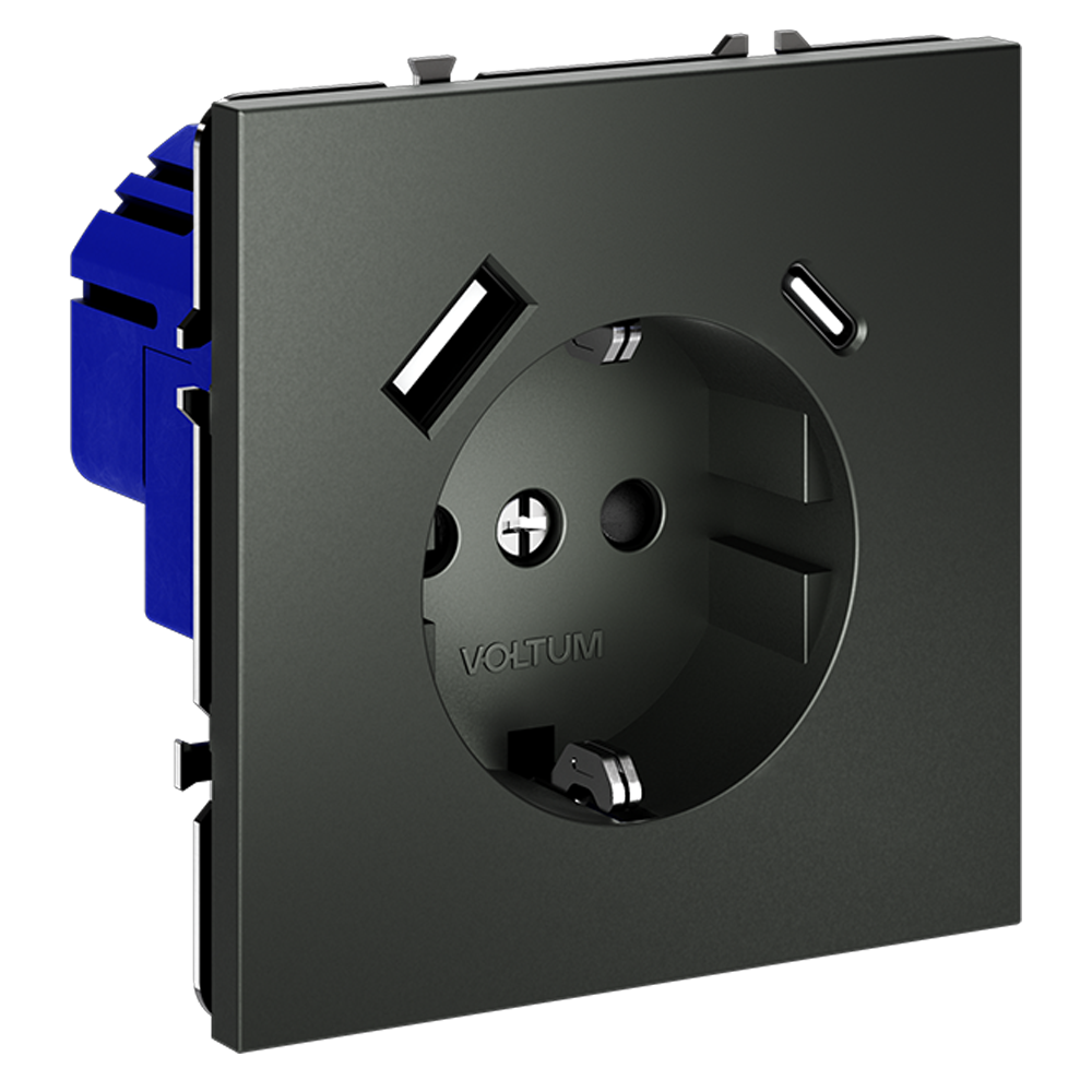 Розетка встраиваемая VOLTUM S70 с заземлением и защитными шторками, 16А, с USB, A+С, (титан)