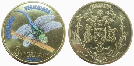 Остров Малаита 3 доллара 2024 Стрекоза. Цветная