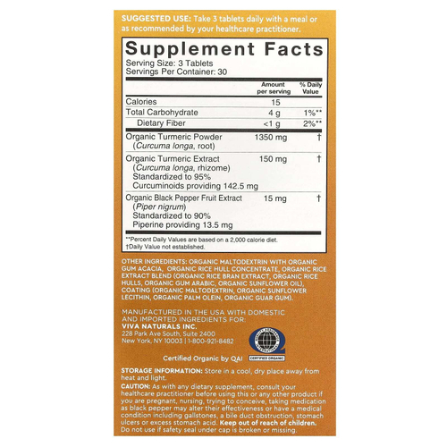 Viva Naturals, органический куркумин из куркумы с черным перцем, 90 таблеток