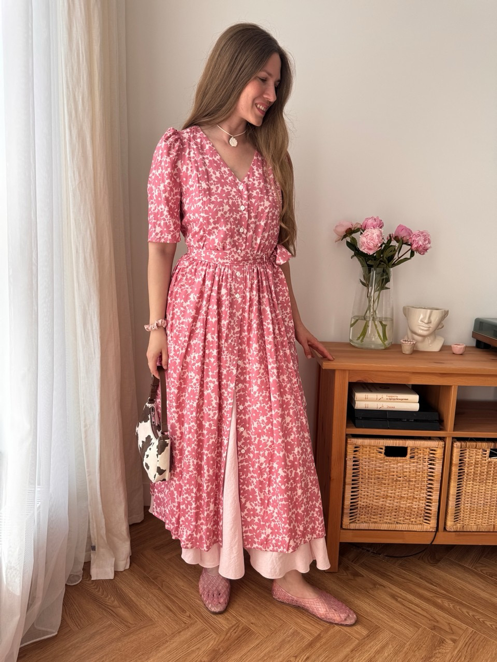 Платье Шарлотта для беременных и кормящих, Пудровый с розовыми цветами