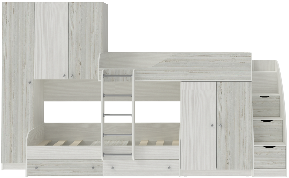 Двухъярусная кровать КарИВи Лео с лестницей Комод КарИВиом Белое Дерево Винтерберг