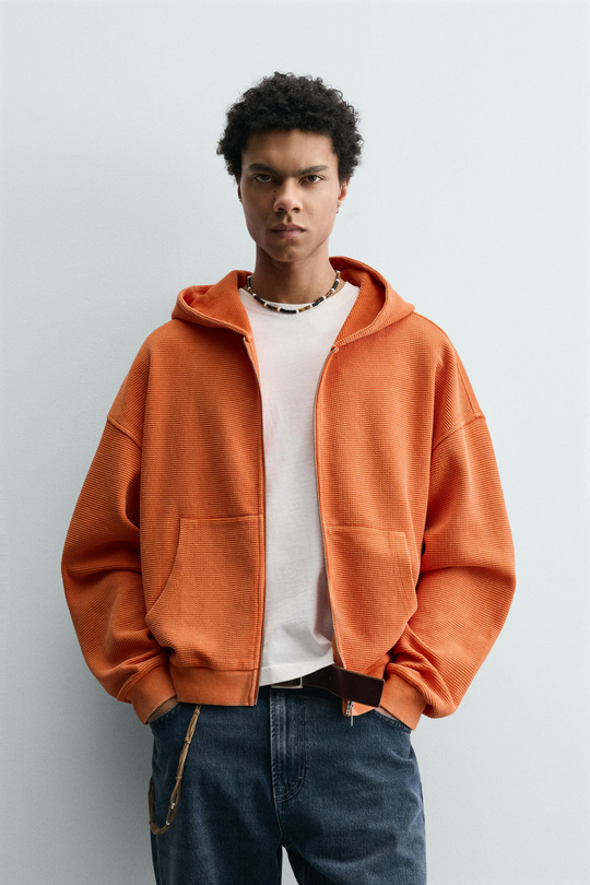 ZARA ХУДИ ИЗ ВАФЕЛЬНОЙ ТКАНИ С ЭФФЕКТОМ ПОТЕРТОСТИ, ОРАНЖЕВЫЙ МЕЛАНЖ