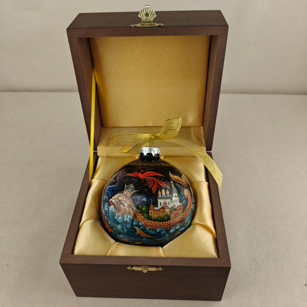 Шар новогодний с круговой росписью Палех "Конек-горбунок" в футляре