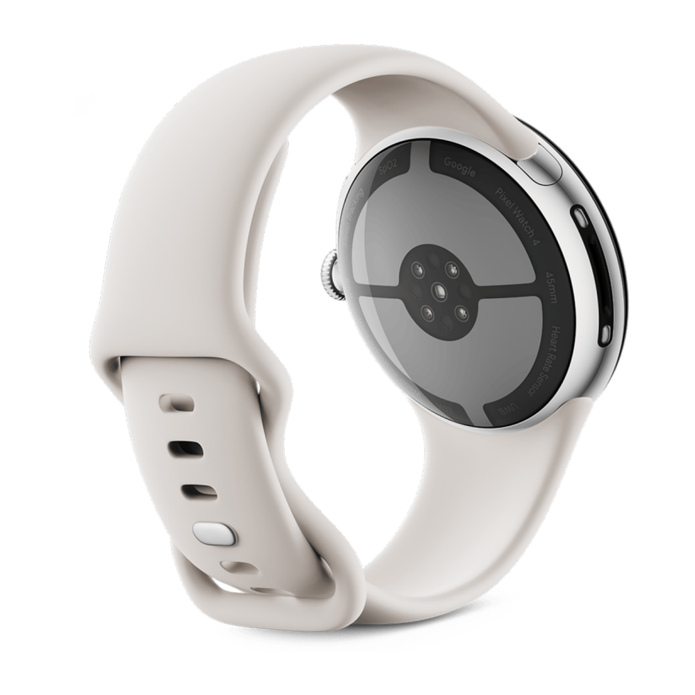 Умные часы Google Pixel Watch 4, 45 мм, Wi-Fi + LTE, ремешок фарфорового цвета Полированный серебристый корпус из переработанного алюминия, ремешок из фторэластомера с покрытием «софт-тач» и застёжкой pin-and-tuck — на запястье обхватом 150–215 мм