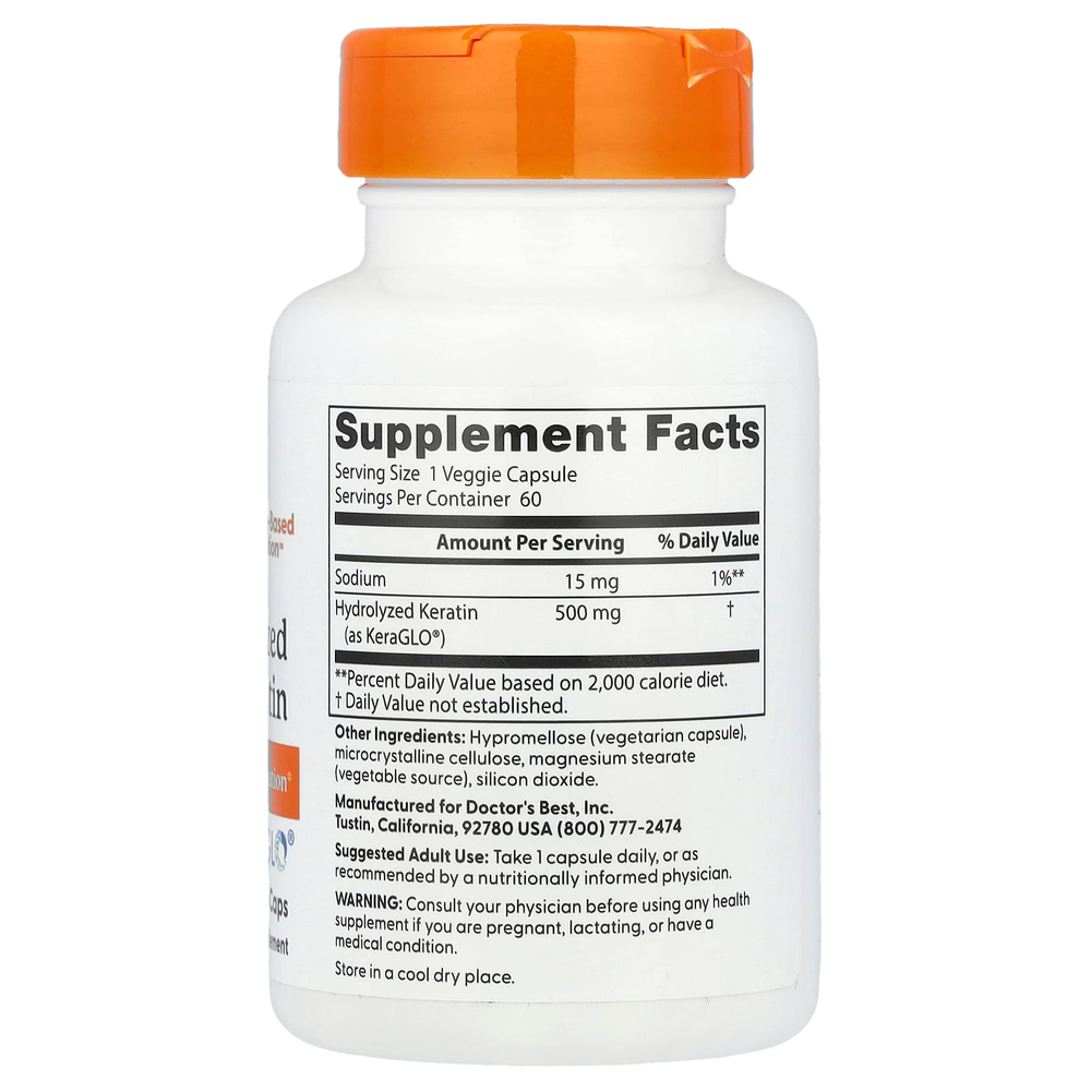 Doctor's Best, гидролизованный кератин, 500 мг, 60 растительных капсул