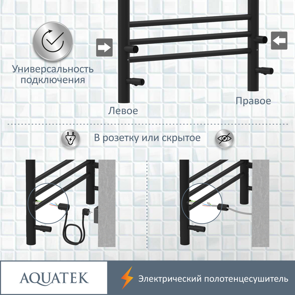 Полотенцесушитель электрический Aquatek (Акватек) Альтаир П7 500х700 мм, черный муар, подключение скрытое к сети электропитания / электропровод с вилкой, с терморегулятором и таймером quick touch, нержавеющая сталь AISI 201, гарантия 5 лет