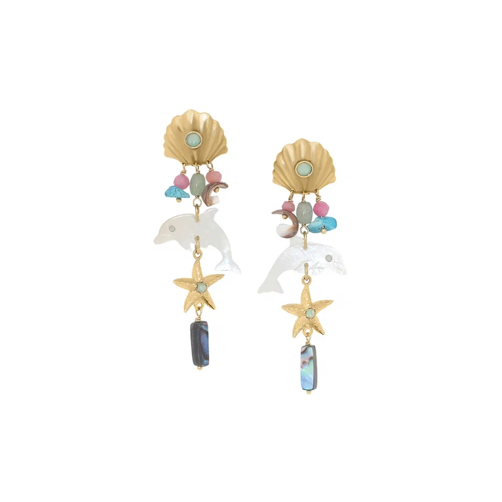 Серьги Franck Herval, Summer, с ракушкой, нефритом, гелиотисом, перламутром, бирюзой и кристаллом, F