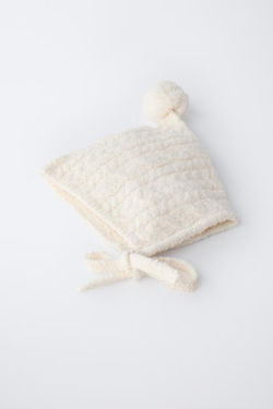 ZARA ЧЕПЧИК ВЯЗКИ «КОСЫ» С ПОМПОНОМ, ЭКРЮ