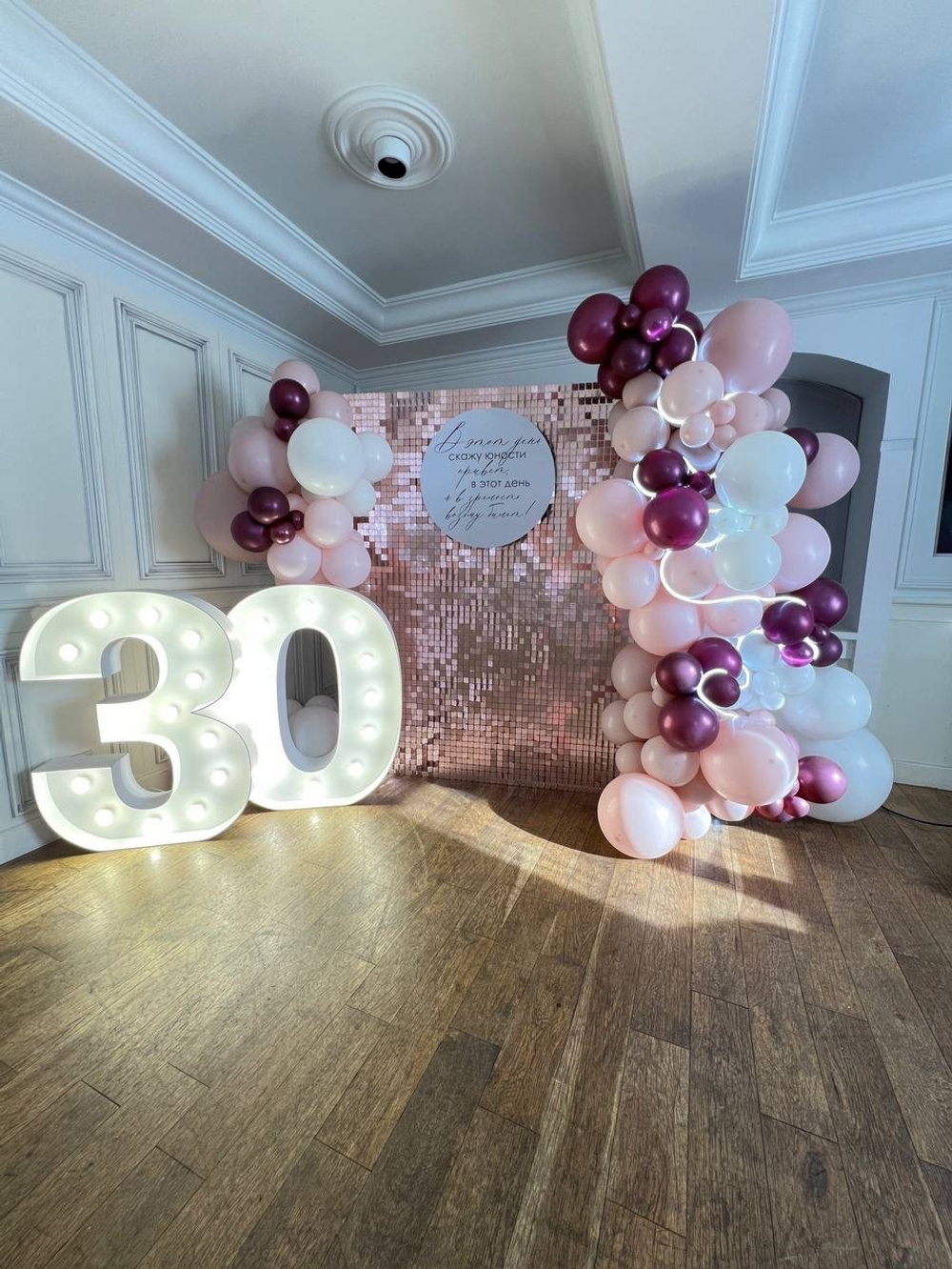 ФОТОЗОНА на Юбилей, пайетка розовое золото Solaair, световые цифры № 1591