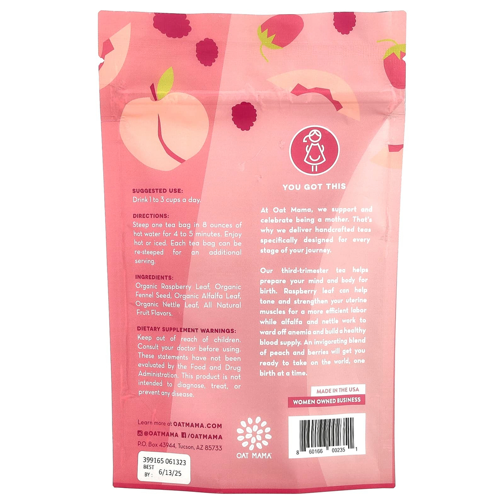 Oat Mama, Labor Prep Tea, персик, без кофеина, 14 чайных пакетиков, 32 г
