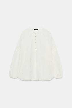 ZARA БЛУЗА С ВЫШИВКОЙ И ПАЙЕТКАМИ, ЖЕЛТОВАТО-БЕЛЫЙ