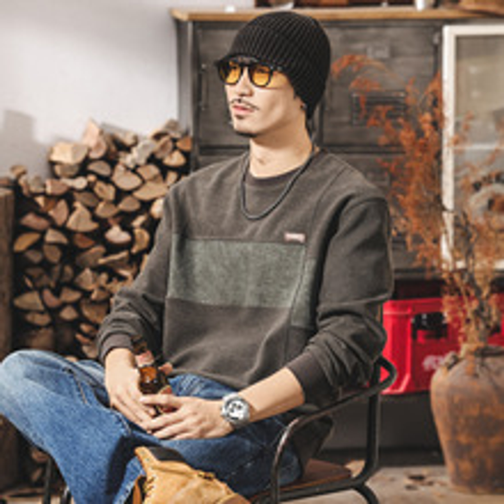 Мужская флисовая толстовка с вставкой на груди в американском ретро стиле