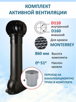 Комплект активной вентиляции: Вентиляционный выход D160 мм не утепленный высота H=700 мм,проходной элемент для металлочерепицы Monterrey, турбодефлектор Ø 160 мм, переход на канализационную трубу D110 с вентиляционного выхода 125/160 без уплотнения, серый