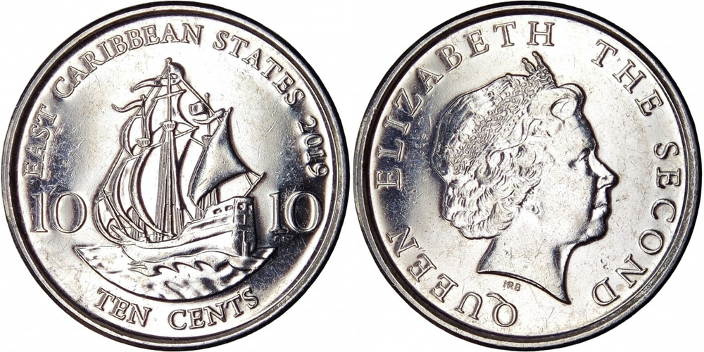 Восточные Карибы 10 центов, 2009-2022 Королева Елизавета II UNC