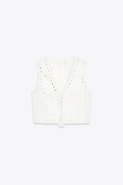 ZARA ТОП-ЖИЛЕТ С ВЫШИВКОЙ И ЗЕРКАЛЬНЫМИ ДЕТАЛЯМИ, БЕЛЫЙ