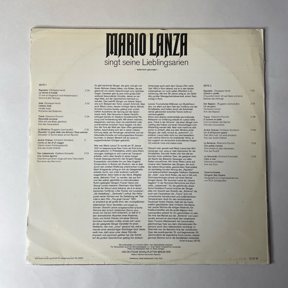 Винтажная виниловая пластинка LP Mario Lanza Марио Ланца, Singt Seine Lieblingsarien (ГДР 1976)