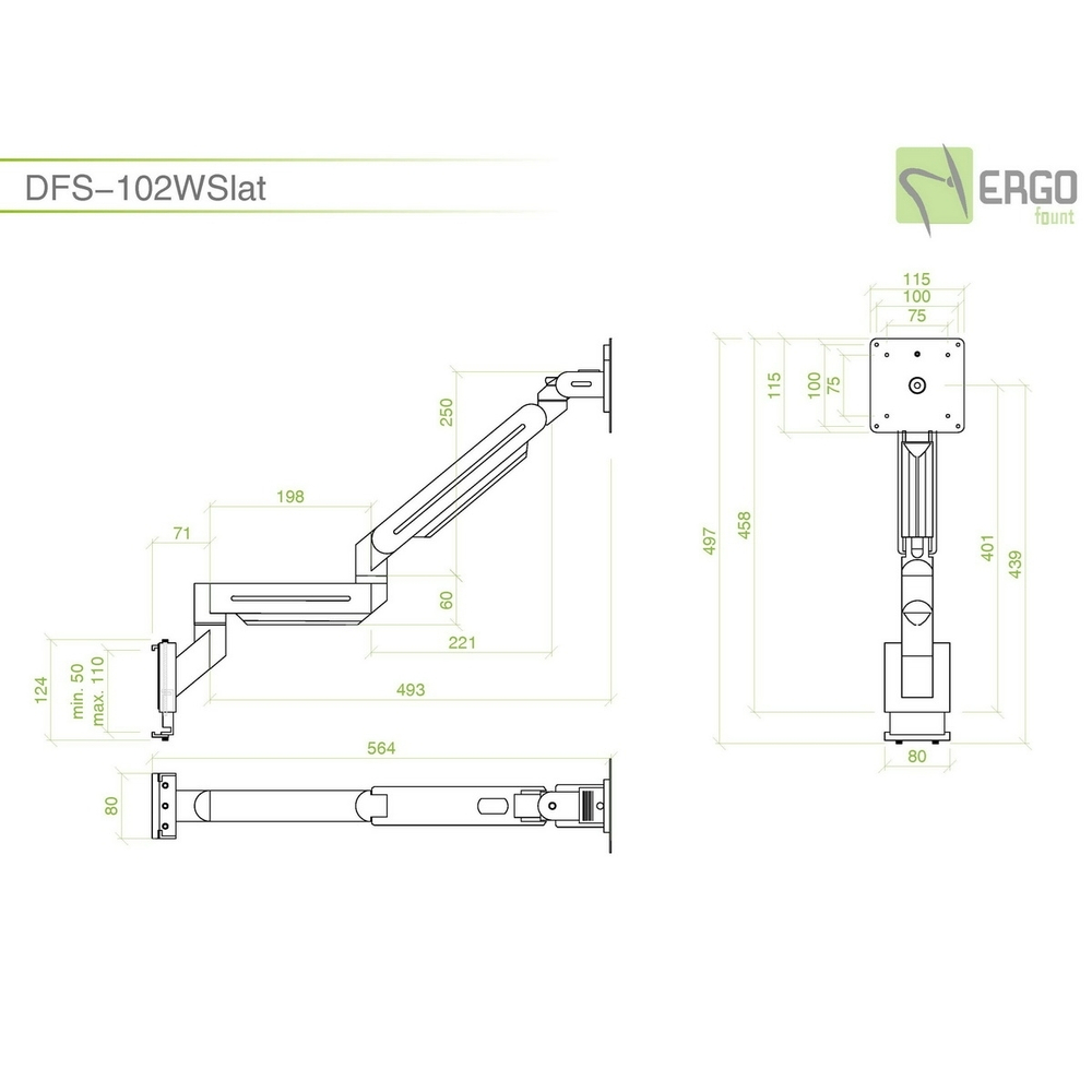 ErgoFount DFS-102WSlat Крепление на перегородку для монитора диагональю до 24'' с двухколенным вылетом и газово-пружинным амортизатором. Цвет - серебристый
