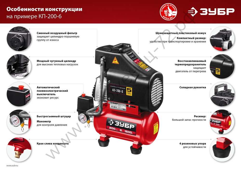 ЗУБР 200 л/мин, 6 л, 1500 Вт, 6 предметов, безмасляный компрессор (КП-200-6 Н6)
