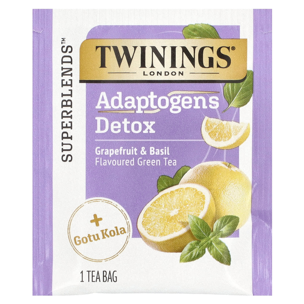 Twinings, Detox, адаптогены, зеленый чай со вкусом грейпфрута и базилика, 18 чайных пакетиков, 36 г (1,27 унции)