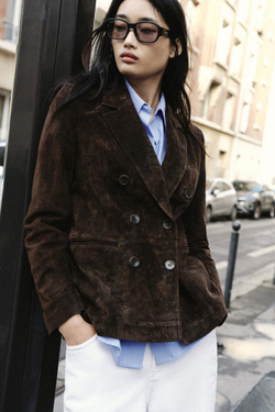 ZARA ДВУБОРТНЫЙ БЛЕЙЗЕР ИЗ 100% ЗАМШИ, КОРИЧНЕВЫЙ