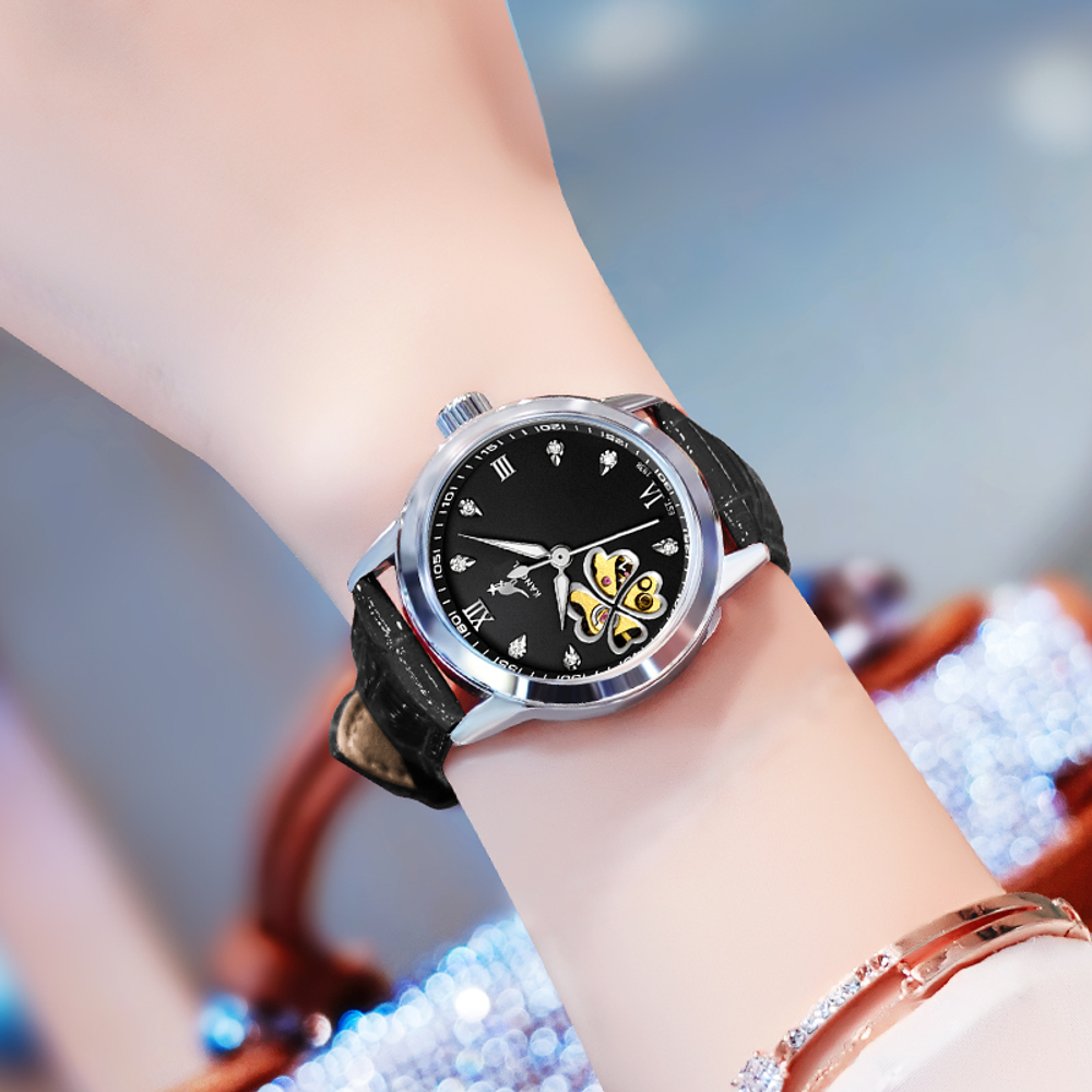KANGOL Automatic Mechanical Movement Genuine Leather Strap Watch Women"s Watch Black Dial KANGOL K115