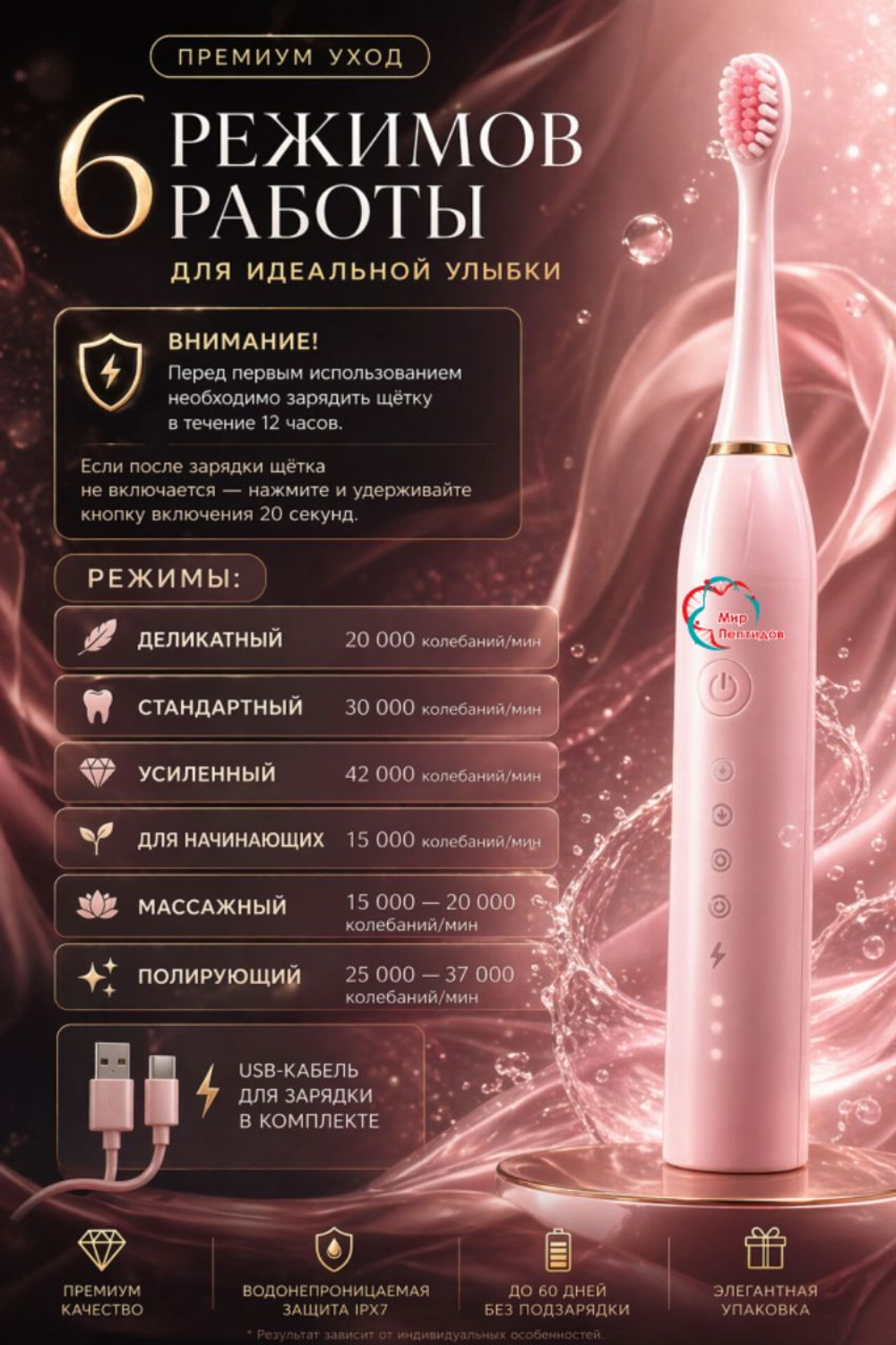 МИР ПЕПТИДОВ звуковая щетка IPX 7 щетина средняя розовая