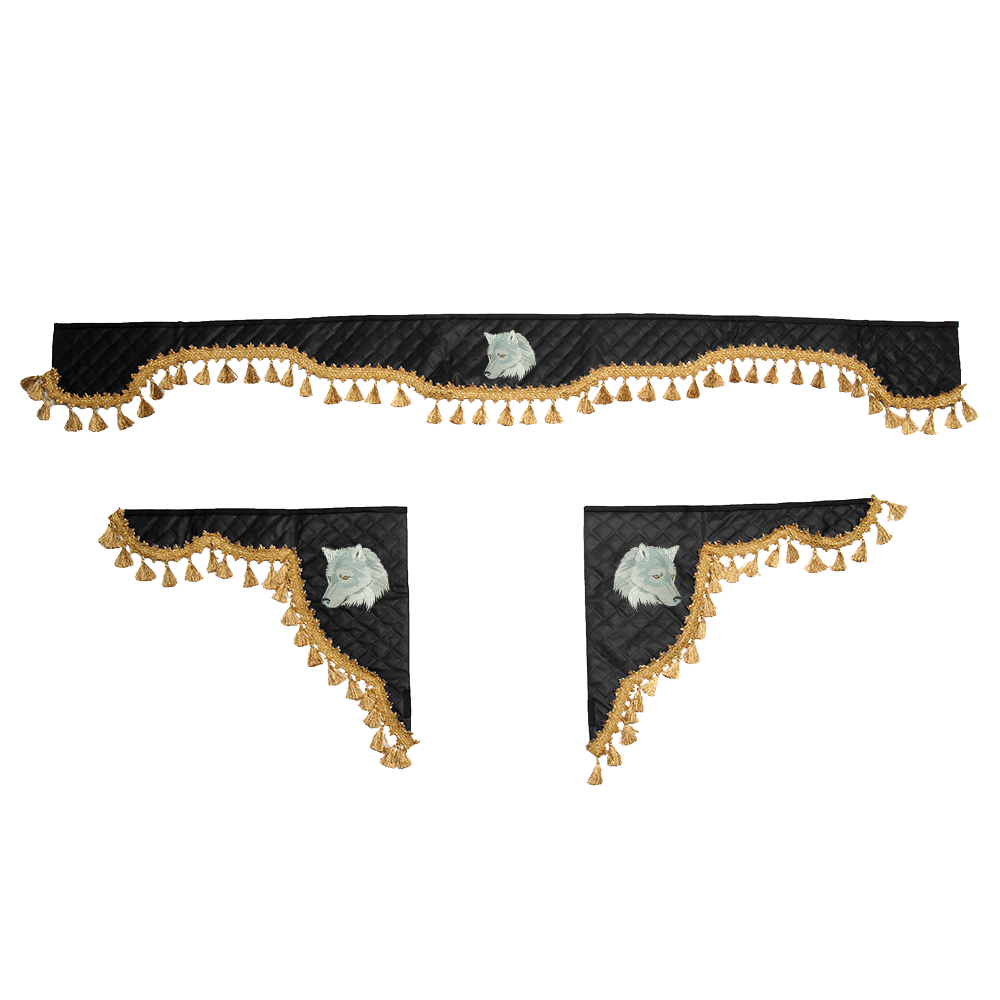 Ламбрекен с косынками универсальные стеганые Волк (экокожа, черный, золотые кисточки)