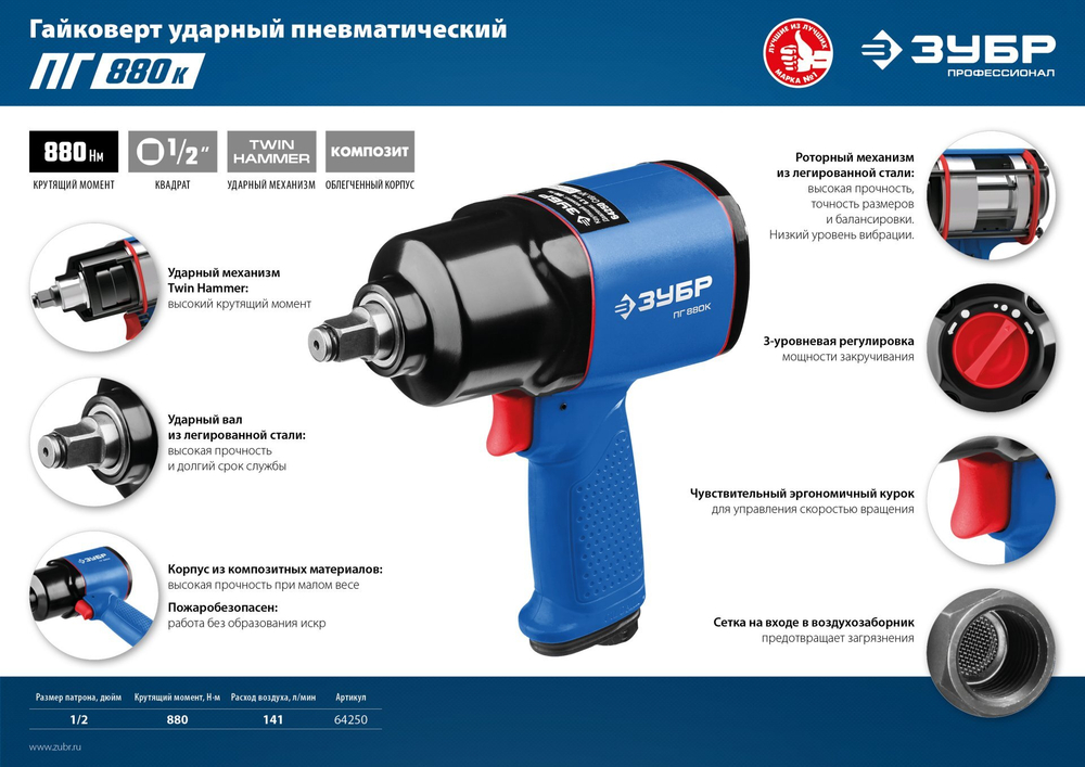 ЗУБР ПГ-880К, 1/2″, 880 Н·м, ударный пневматический гайковерт, Профессионал (64250)