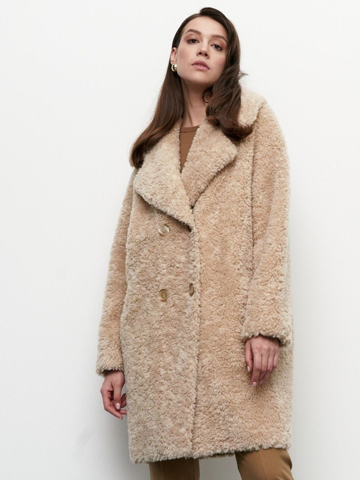Шуба женская из овечьей шерсти чебурашка тедди, бежевое, SilverFox