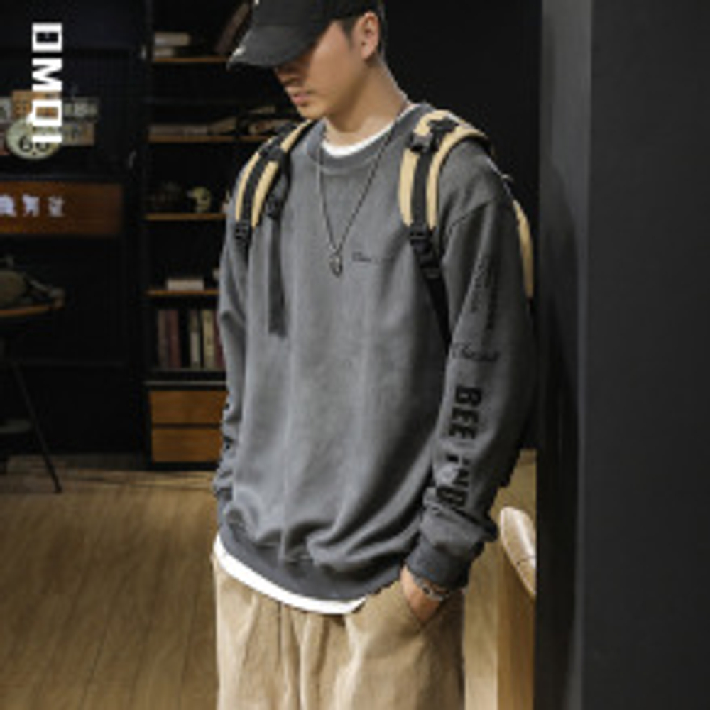 Мужская толстовка в американском ретро-стиле на весну и осень, очень большая, на флисовой подкладке, без капюшона, с длинным рукавом, в стиле Чжуншань.