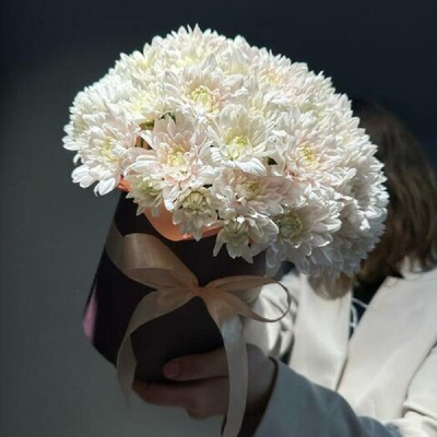 Цветы в шляпной коробке "Неаполь" (хризантема кустовая)