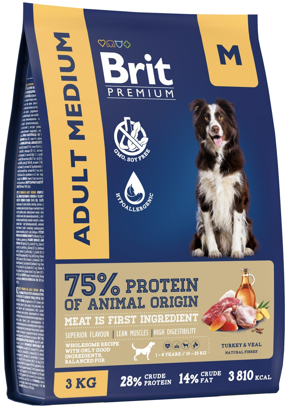 BRIT PREMIUM, Сухой корм с индейкой и телятиной для собак "Dog Adult Medium", 3 кг,