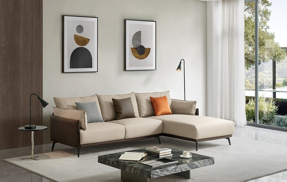 Диван ELEGANTE NAPPA SF015 угловой (3-х местный правый угол) бежевый/коричневый