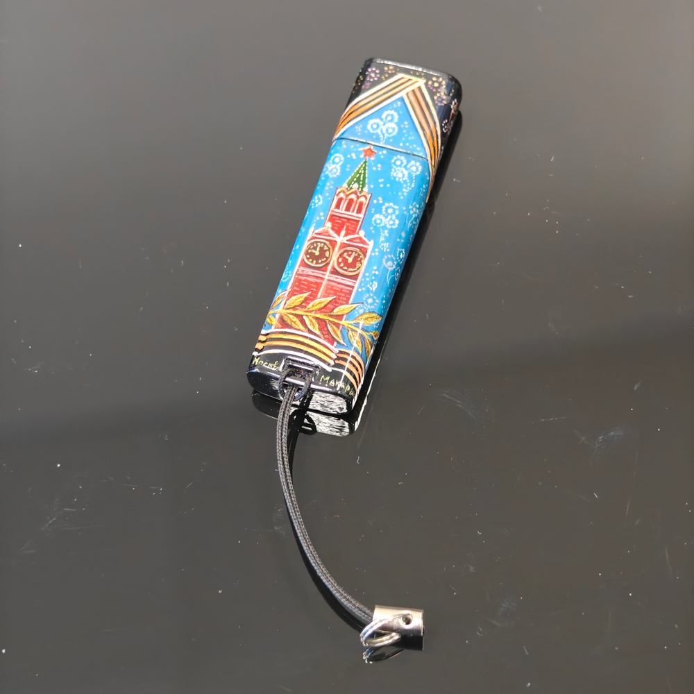 Флешка USB в футляре с ручной росписью Палех "Кремль. Звезда"