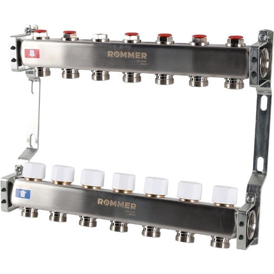 Коллектор Rommer 1"x3/4" на 7 контуров с запорными клапанами (нерж. сталь) RMS-3200-000007