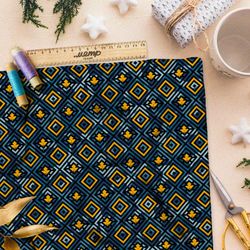 Ткань дюспо золотисто-синий узор из мелких квадратов