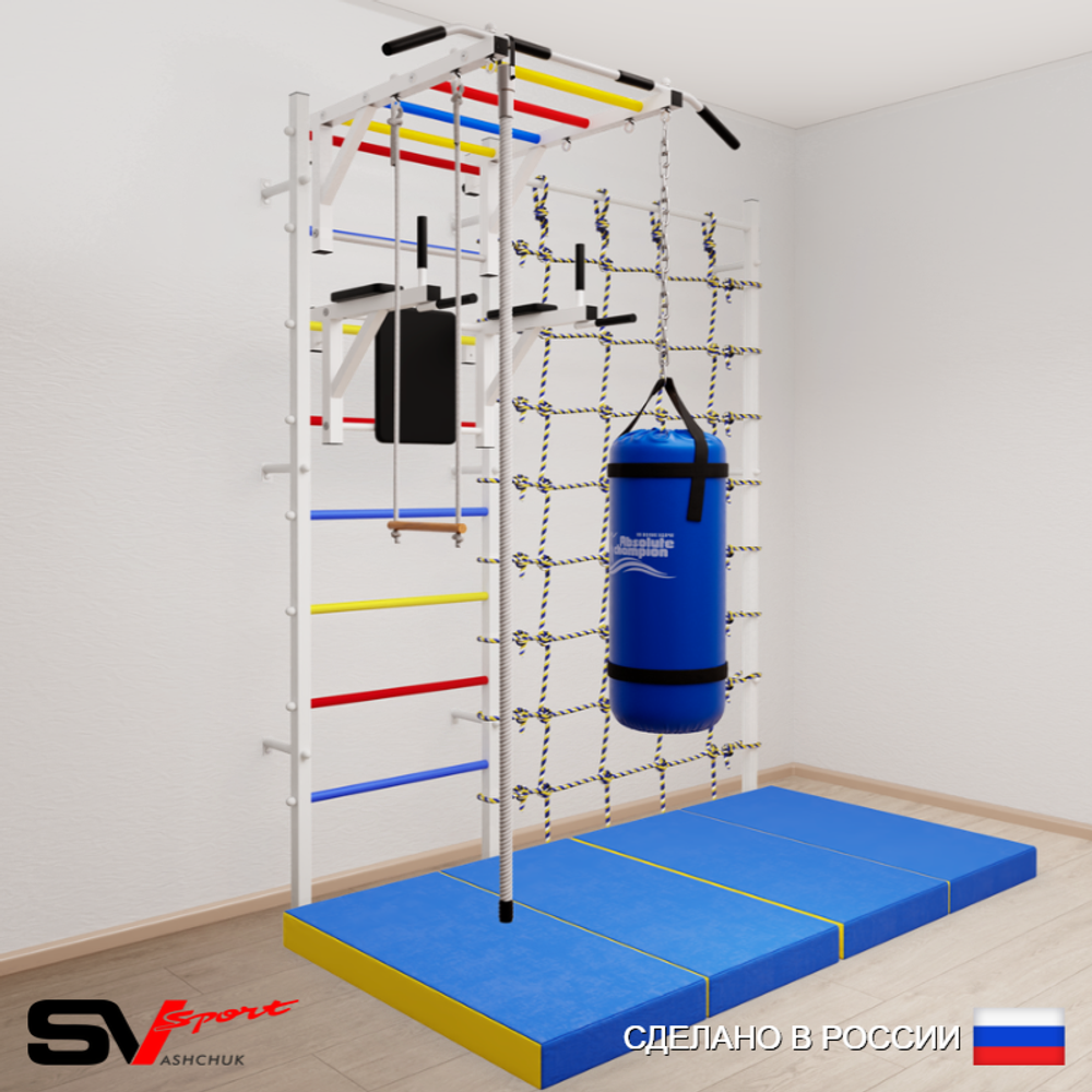 Шведская стенка Sv Sport усиленная 64670 (Турник рукоход/Брусья/Канат/Трапеция/Цепь/Мешок 30кг/Мат 2м/Канатный лаз)