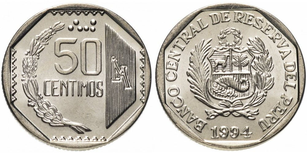 Перу 50 сентимо, 1991 - 2000 Герб XF