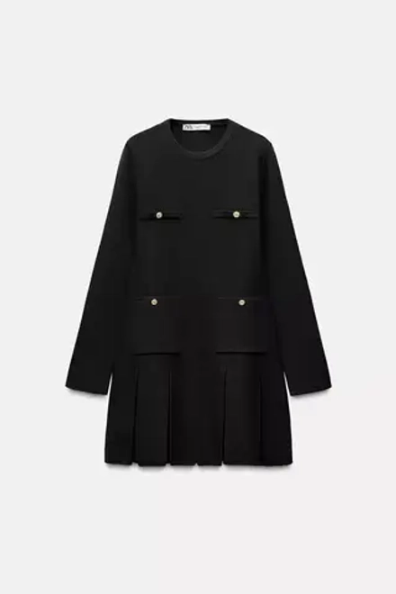 ZARA КОРОТКОЕ ТРИКОТАЖНОЕ ПЛАТЬЕ СО СКЛАДКАМИ, ЧЕРНЫЙ