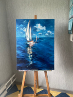 Картина с парусными лодками в движении, 60×80 см