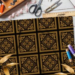 Ткань дюспо золотой восточный узор на чёрном фоне