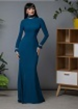 16-04-23 FW Длинное платье, воротник-стойка и манжеты оторочены стразами Сваровски, морская волна L