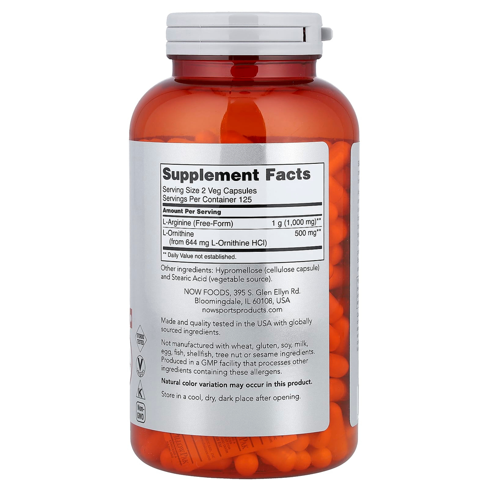 NOW Foods, Sports, аргинин и орнитин, 250 растительных капсул