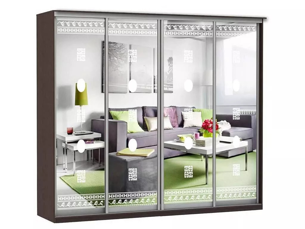 Шкаф купе Модерн 2362х450 4-х дверный 3-х секционный зеркальный с пескоструем №2 венге