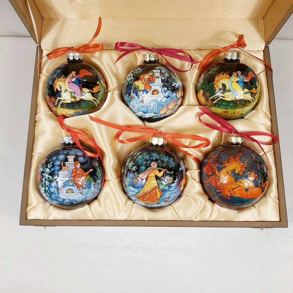 Сувенирный набор из 6-ти новогодних шаров с ручной росписью Палех