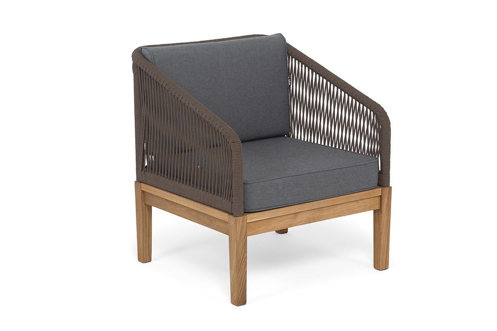 "Канны" кресло плетеное из роупа, основание дуб, роуп коричневый круглый, ткань темно-серая 027