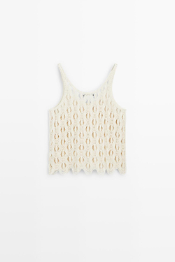 Massimo Dutti Топ на бретелях с деталями кроше, натуральный/кремовый