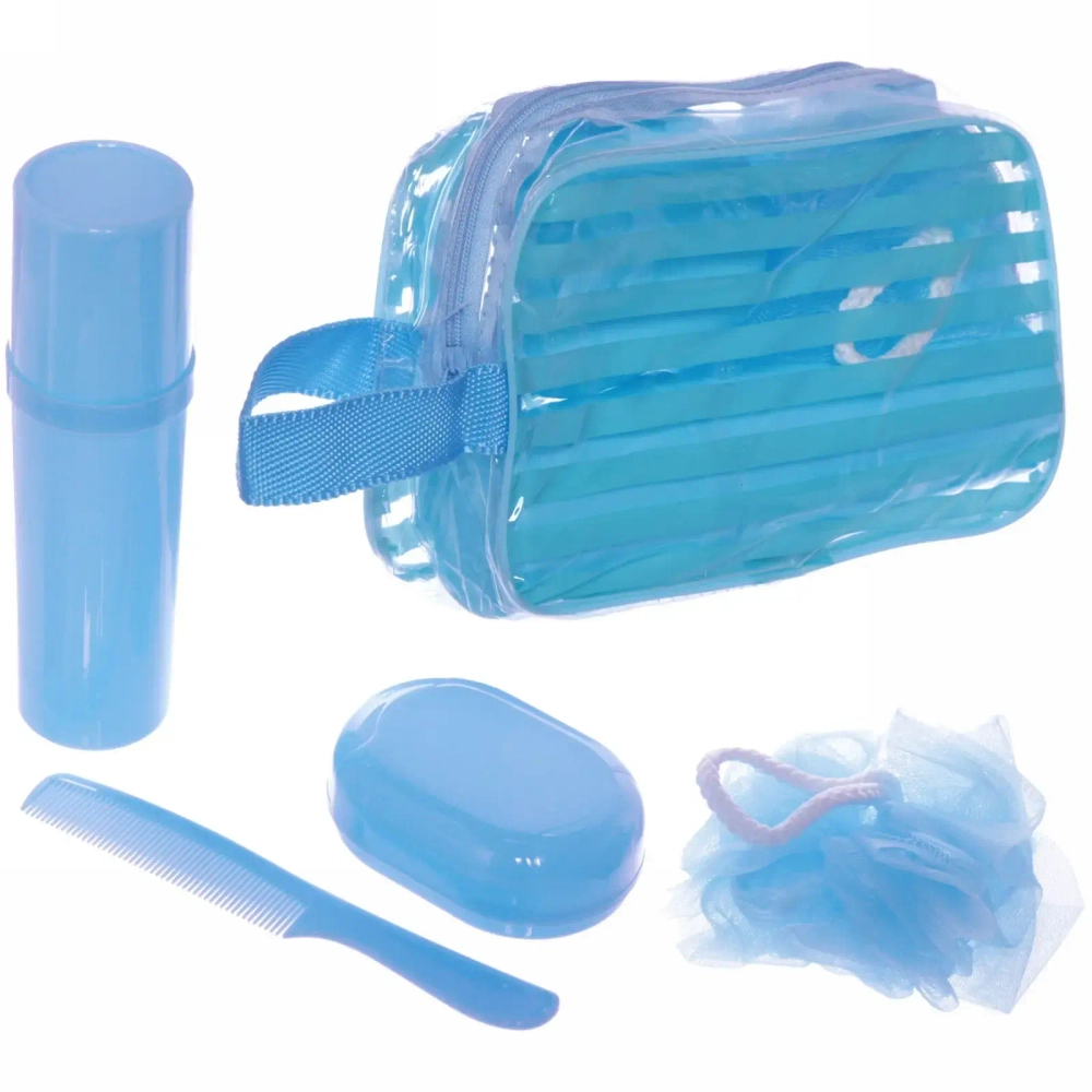 Набор банный дорожный 4шт «Traveler - Полоска», микс 2 цв., (мочалка, футляр 2шт, расческа), 21*12*7см✦