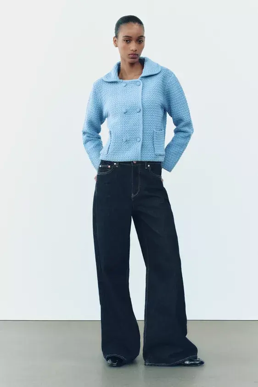 ZARA КАРДИГАН КРУПНОЙ ВЯЗКИ С КРУГЛЫМ ВОРОТНИКОМ, ГОЛУБОЙ