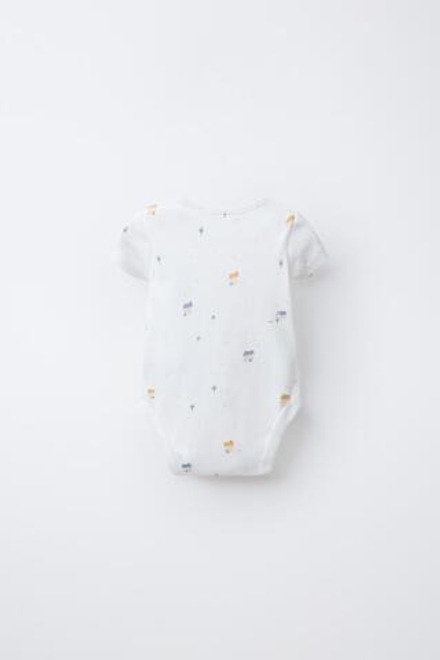 ZARA НАБОР БОДИ С ПРИНТОМ (5 ШТ.), ЭКРЮ/СИНИЙ